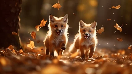 Deurstickers Toilet a cute fox runs in leaf fall through autumn leaves a view of wild nature the joy of change, a dynamic scene of flying leaves