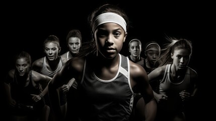 Teenage girls compete in athletics, black and white photo, black background