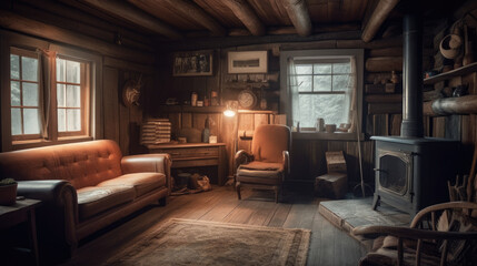 A cozy rustic cabin with charming furniture.