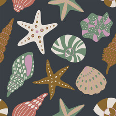 Seamless pattern with seashells, starfish. Hand-drawn doodle sea shells, starfish, mollusk. Summer beach print. Cute ocean background. Abstract design for clothing, wrap, textile, fabric.