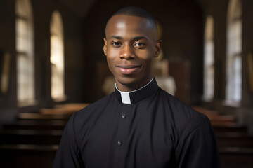 portrait of smiling black male priest wearing collar with blurred background	 - obrazy, fototapety, plakaty