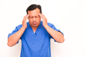 asian man expression having headache isolated white background