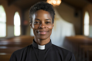 portrait of smiling black poc female priest wearing collar with blurred background	 - obrazy, fototapety, plakaty