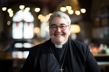 portrait of smiling older female priest wearing collar and glasses with blurred background	