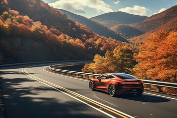 autonomous car effortlessly cruises on an open highway, surrounded by vibrant autumn foliage - obrazy, fototapety, plakaty