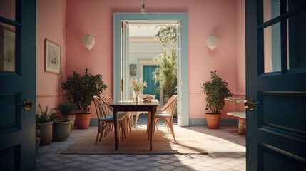a dining room with pink walls and blue chairs in front of a white door that leads to an outside patio.