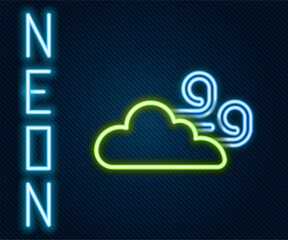 Glowing neon line Windy weather icon isolated on black background. Cloud and wind. Colorful outline concept. Vector