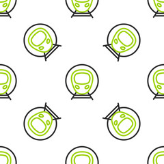 Line Train and railway icon isolated seamless pattern on white background. Public transportation symbol. Subway train transport. Metro underground. Vector
