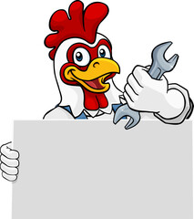 A chicken or rooster handyman, mechanic, plumber or other construction cartoon mascot man holding a wrench or spanner tool.