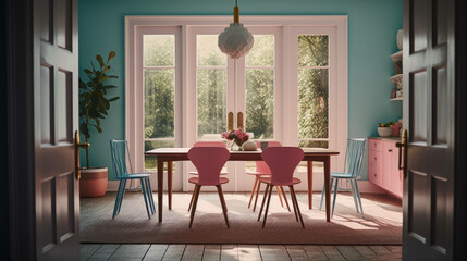 a dining room with pink walls and blue chairs in front of a white door that leads to an outside patio.