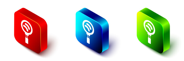 Isometric Frying pan icon isolated on white background. Fry or roast food symbol. Red, blue and green square button. Vector