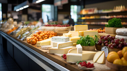 Illustration capturing an array of delectable cheeses displayed in a supermarket, a tantalizing spread of flavors and textures waiting to be explored