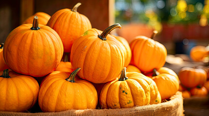 pumpkins in a basket in the counter of a blurred backround of a street market