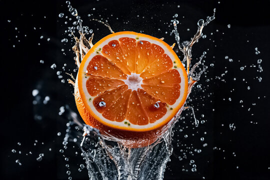 Orange slice with water splash on dark background