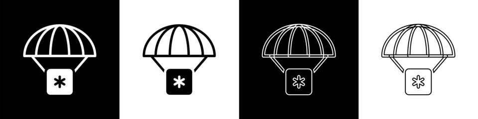 Set Humanitarian aid icon isolated on black and white background. Medical cargo goes down to hard-to-reach places with a parachute. Vector