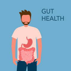 Man with healthy clean gut in flat design. Detox and healthy digestive system. Gut health concept.