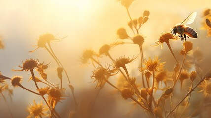 Obraz premium bees pollinate flowers in the morning fog of the last days of summer, landscape, silence and beauty of wildlife in early autumn