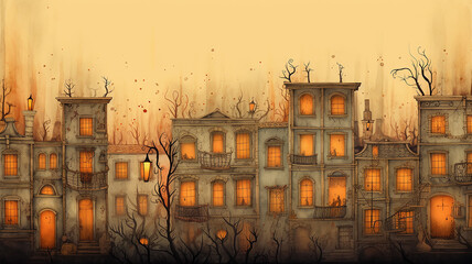 autumn postcard, the facade of the house decorated for halloween in orange tones soft color pastel, light autumn background
