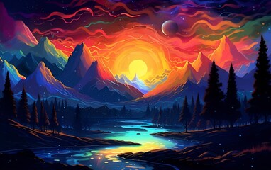 Abstract neon landscape with glowing mountains, river and forest, against a dark starry sky