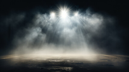 Fototapeta premium stage fog, smoke in the background light of theater spotlights on an empty stage, illuminated podium in the hall