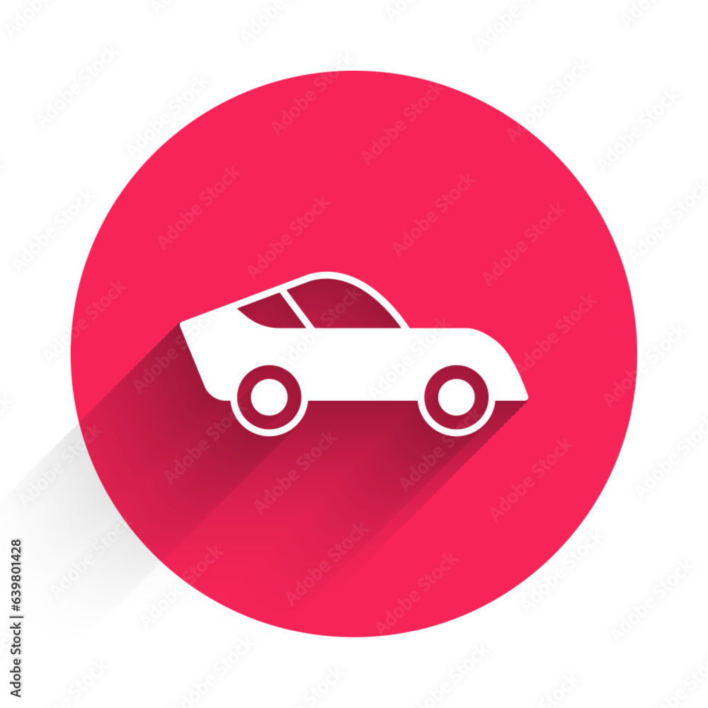 Poster white car icon isolated with long shadow background. red circle button. vector