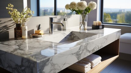 Bathroom Interior with White Marble Quartz Sink on Artificial Stone Table Top. Generative AI.
