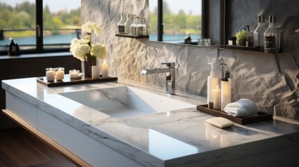 White Marble Quartz Sink on Acrylic Table Top for Bathroom Elegance.. Generative AI.