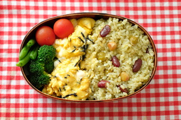 Japanese Lunch box on the table cloth	
