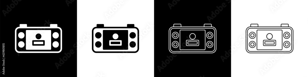 Poster set portable video game console icon isolated on black and white background. handheld console gaming