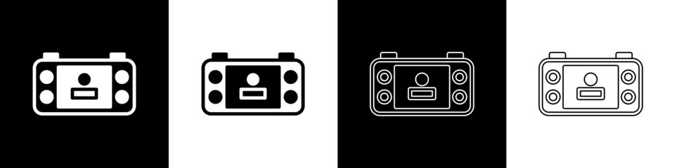 Set Portable video game console icon isolated on black and white background. Handheld console gaming. Vector