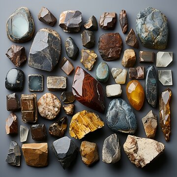gold, silver, rough diamonds, bauxite, hematite, pyrolusite, galena, pyrite, chromite, lepidolite, and chalcopyrite. Collection of stones extracted in Brazil, mineralogy. Generative AI