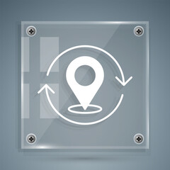 White Map pin icon isolated on grey background. Navigation, pointer, location, map, gps, direction, search concept. Square glass panels. Vector