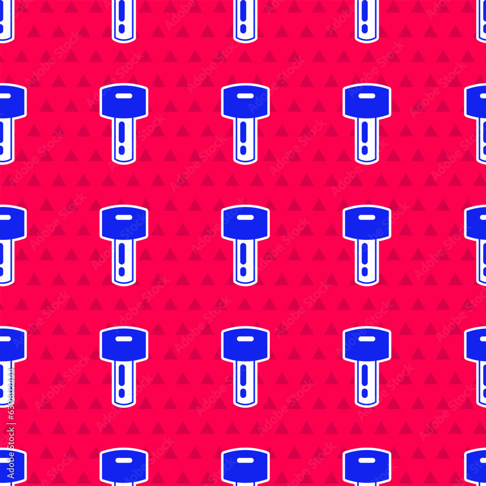 Poster blue car key with remote icon isolated seamless pattern on red background. car key and alarm system.