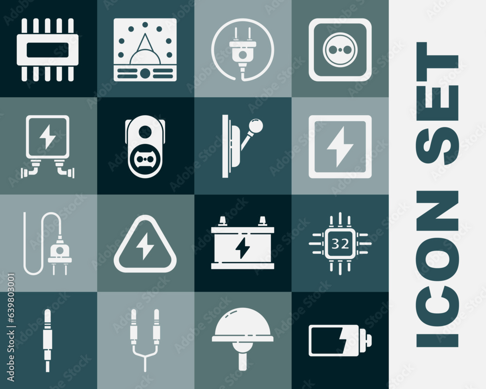 Poster set battery charge level indicator, processor with microcircuits cpu, lightning bolt, electric plug,
