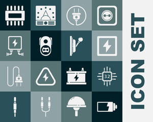 Set Battery charge level indicator, Processor with microcircuits CPU, Lightning bolt, Electric plug, Electrical outlet, transformer, and panel icon. Vector
