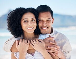 Happy couple, portrait and hug outdoor with love, care and happiness together in nature. Closeup and face of a young man and woman for healthy marriage, commitment and freedom on a travel holiday