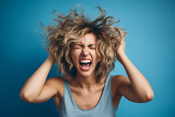 a woman screaming in front of a solid color background, in the style of playful poses,cute and colorful