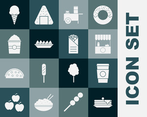 Set Stack of pancakes, Coffee cup to go, Street stall with awning, Fast street food cart, Nachos plate, Popcorn box, Ice cream waffle cone and Doner kebab icon. Vector