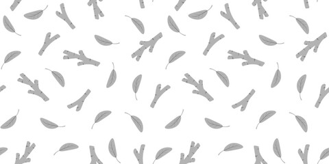 Seamless pattern with weird birch branch and leaves in Trendy Scandinavian style. Nordic nature endless background. Design template for wallpaper, fabric, textile print. Vector illustration.