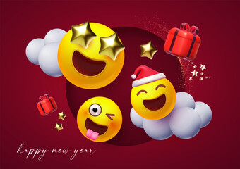 Happy New Yyear poster template with 3D smie and gifts. Christmas design.