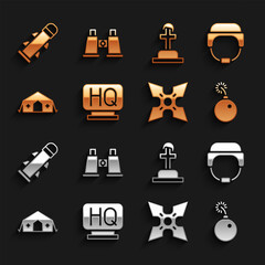 Set Military headquarters, helmet, Bomb ready to explode, Japanese ninja shuriken, medical tent, Soldier grave, Rocket and Binoculars icon. Vector