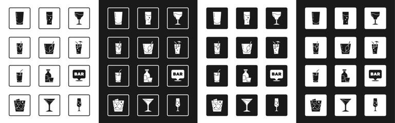 Set Wine glass, Cocktail Bloody Mary, Glass with water, of beer, Alcohol bar location and icon. Vector