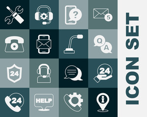 Set Location with information, Telephone 24 hours support, Question and Answer, Mobile envelope, Screwdriver wrench spanner and Microphone icon. Vector