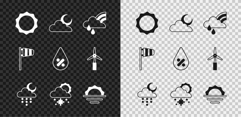Set Sun, Cloud with moon, Rainbow cloud and rain, snow sun, Sunrise, Cone windsock wind vane and Water drop percentage icon. Vector