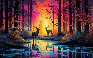 A fantasy neon forest of dazzling colors with trees, animals and a bright sky full of colors