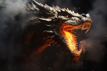 fire breathing black dragon closeup on face against dark cloud night