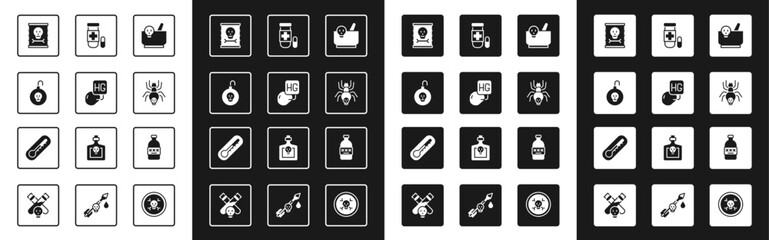 Set Mortar and pestle, Drop of mercury, Nuclear bomb, Radioactive waste in barrel, Poisonous spider, Antidote, Poisoned alcohol and Thermometer icon. Vector