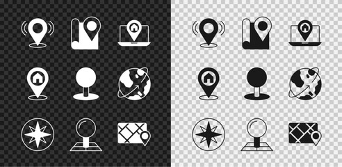 Set Map pin, Folded map with location marker, City navigation, Wind rose, Gps device, Location house and Push icon. Vector