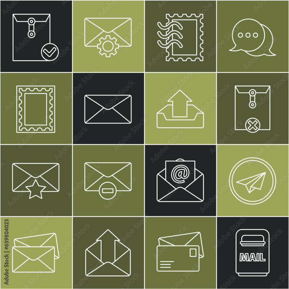 Aufkleber set line mail box, paper plane, delete envelope, postal stamp, envelope, and check mark and upload i
