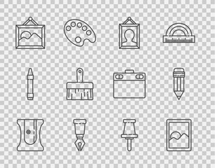 Set line Pencil sharpener, Graphic tablet, Picture, Fountain nib, landscape, Paint brush, Push pin and with eraser icon. Vector